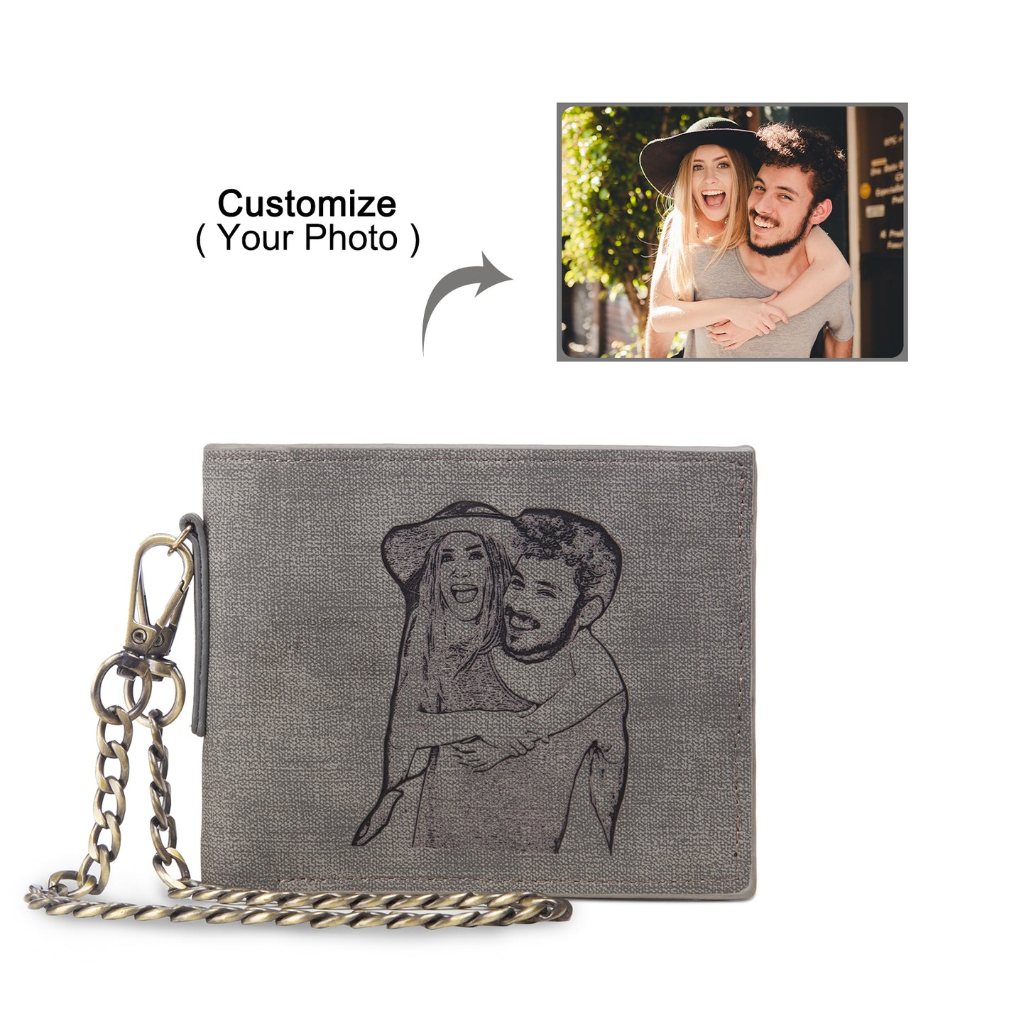 Men's Personalised Photo Engraved Grey Wallet With Chain