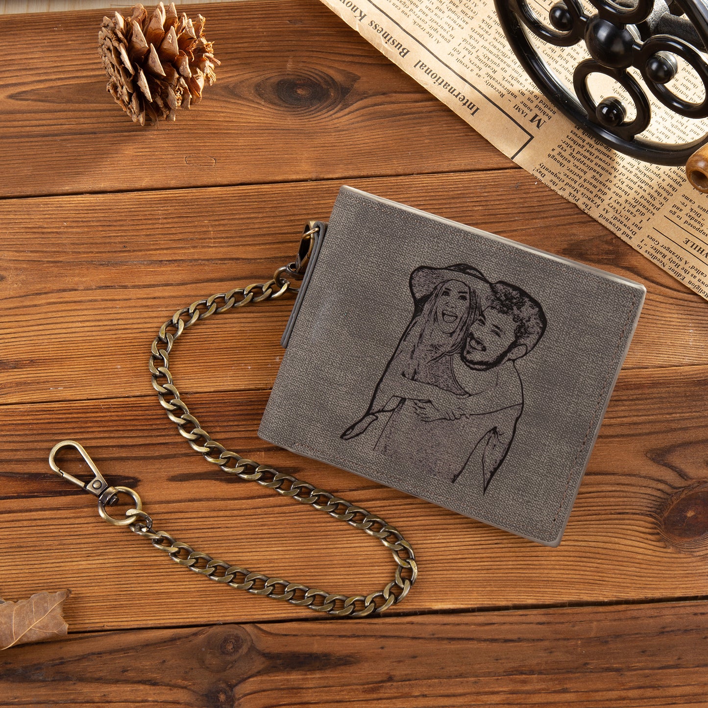 Men's Personalised Photo Engraved Grey Wallet With Chain