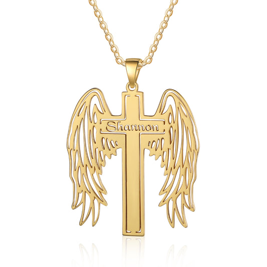 Personalised Angel Wings Cross Name Necklace