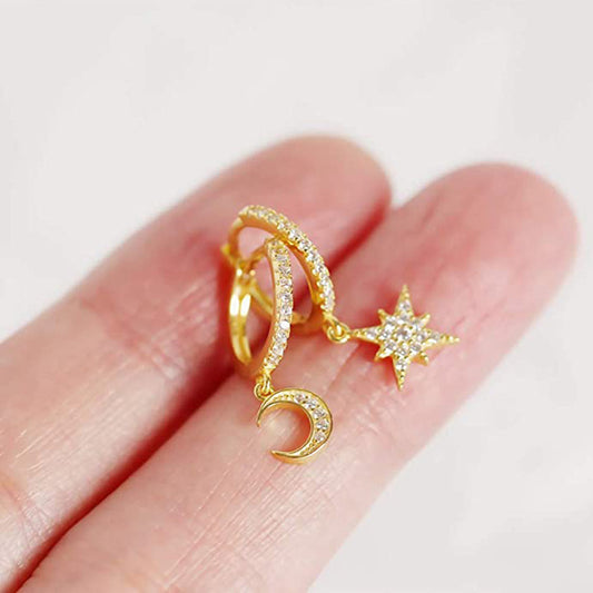 Gold Star & Moon Huggies Earrings