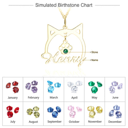 Personalised Cat Name Necklace with Birthstone