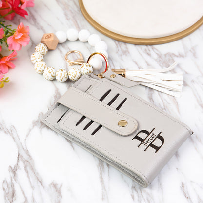 Personalised Leather Name & Initial Card Purse with Bead Bracelet