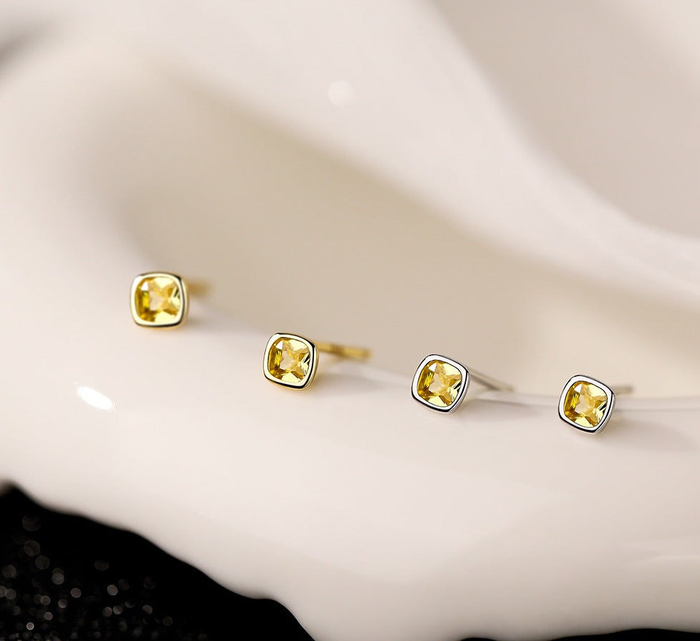 Yellow CZ Square Stud Earrings