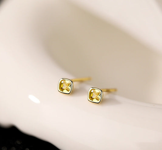 Yellow CZ Square Stud Earrings