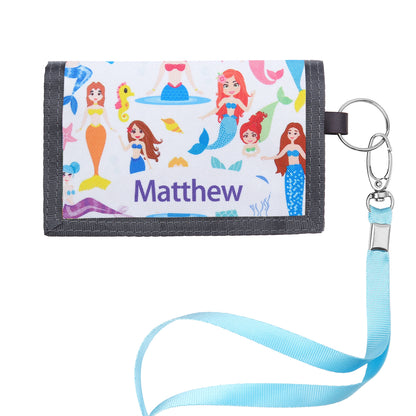 Children's Personalised Dinosaur or Mermaid Name Wallet with Lanyard