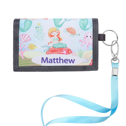 Children's Personalised Dinosaur or Mermaid Name Wallet with Lanyard