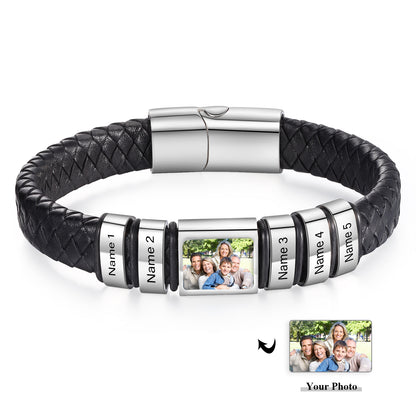 Men's Personalised Leather Photo 1-6 Names Bracelet