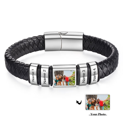 Men's Personalised Leather Photo 1-6 Names Bracelet