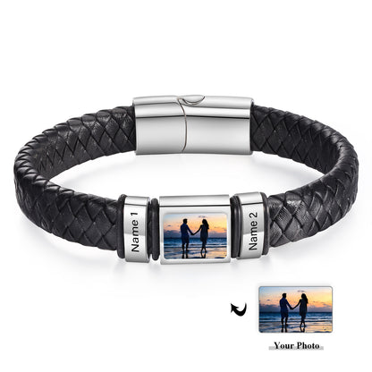 Men's Personalised Leather Photo 1-6 Names Bracelet