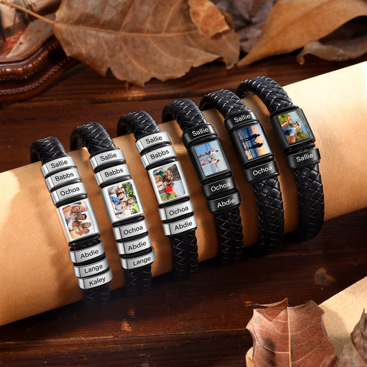Men's Personalised Leather Photo 1-6 Names Bracelet