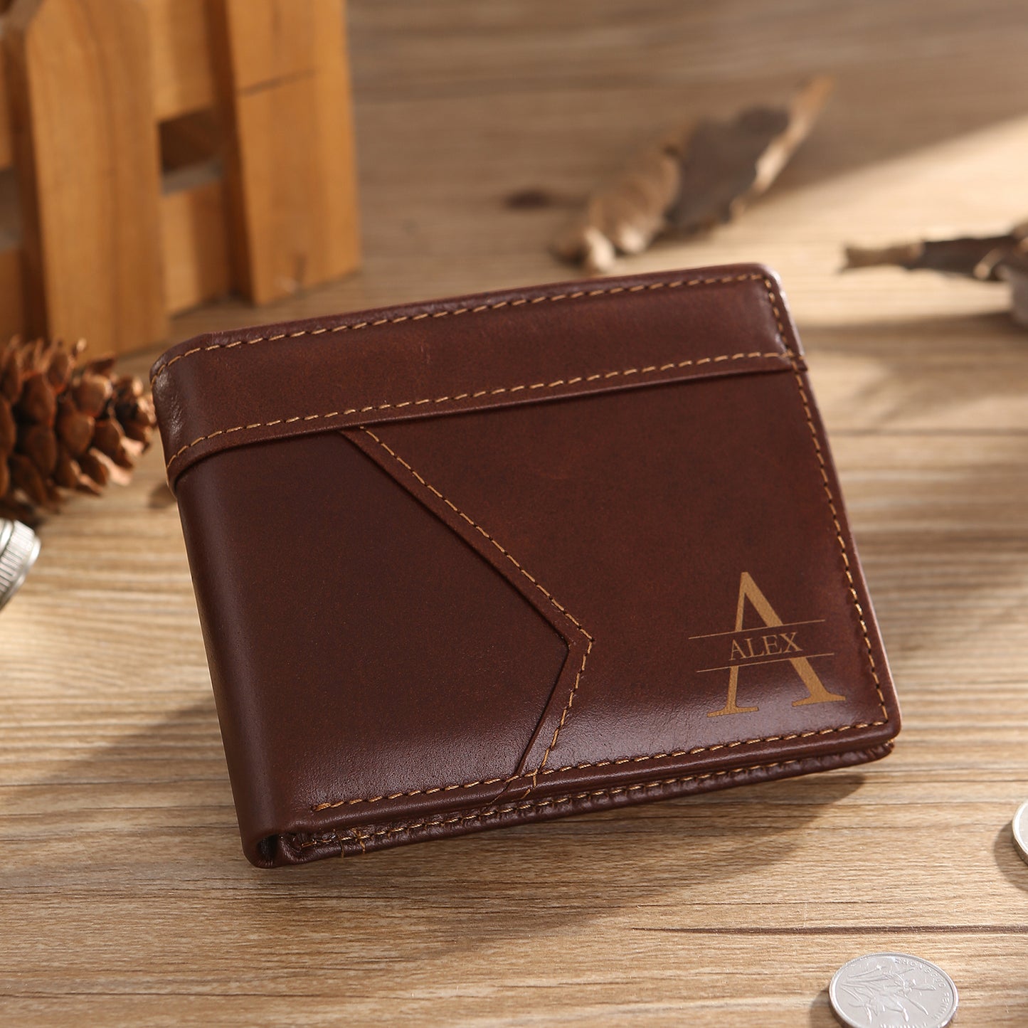 Personalised Men's Top Grain Leather Wallet | Custom Initial & Name Bifold Wallet