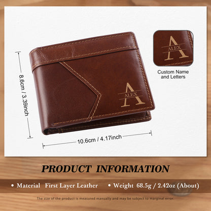 Personalised Men's Top Grain Leather Wallet | Custom Initial & Name Bifold Wallet