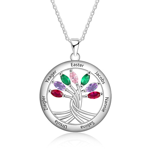 7 Names Family Tree Personalised Necklace with Birthstones