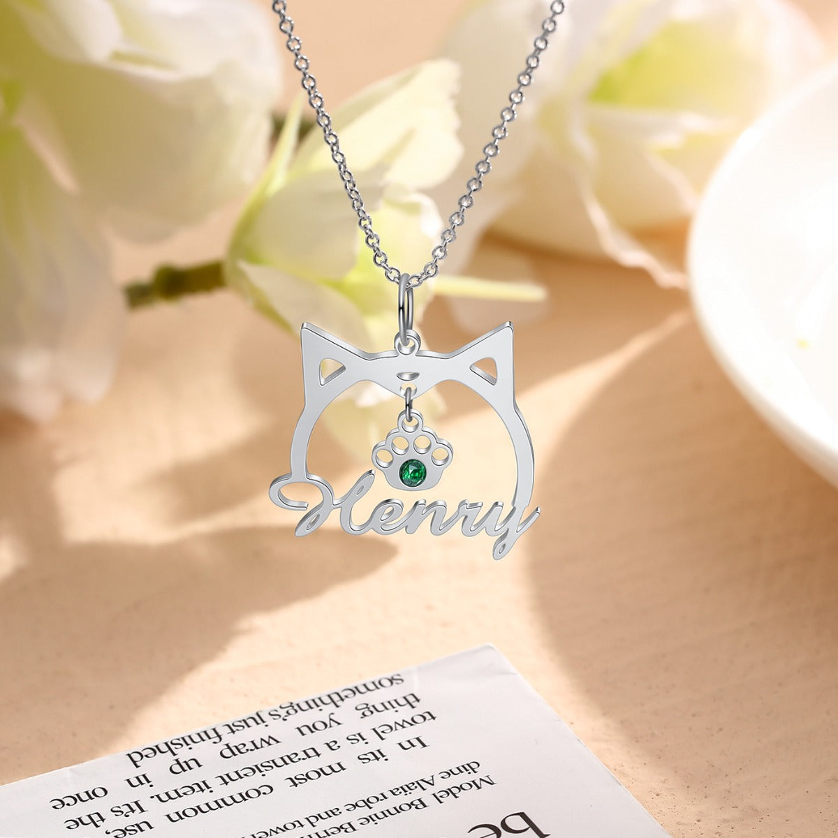 Personalised Cat Name Necklace with Birthstone