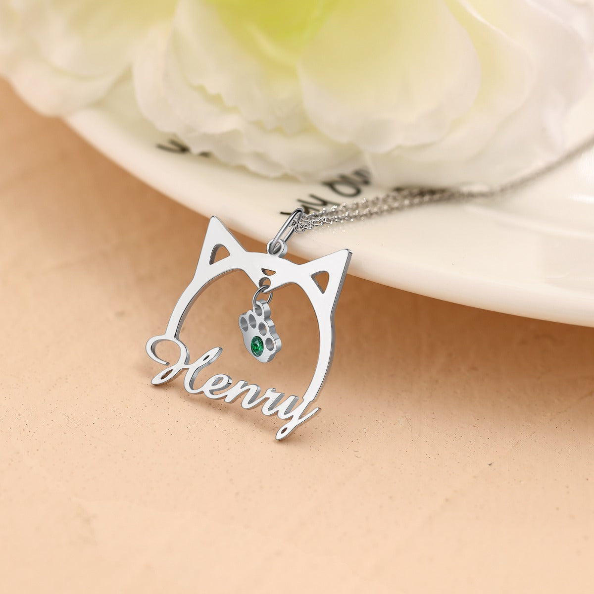 Personalised Cat Name Necklace with Birthstone