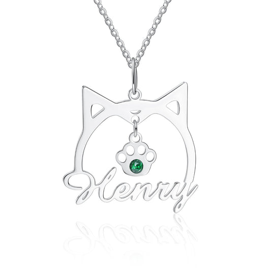 Personalised Cat Name Necklace with Birthstone