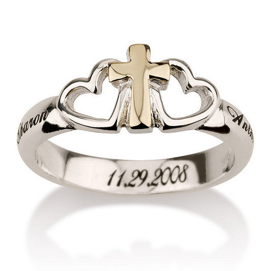 Sterling Silver 14K Solid Gold Personalised Cross and Heart Ring