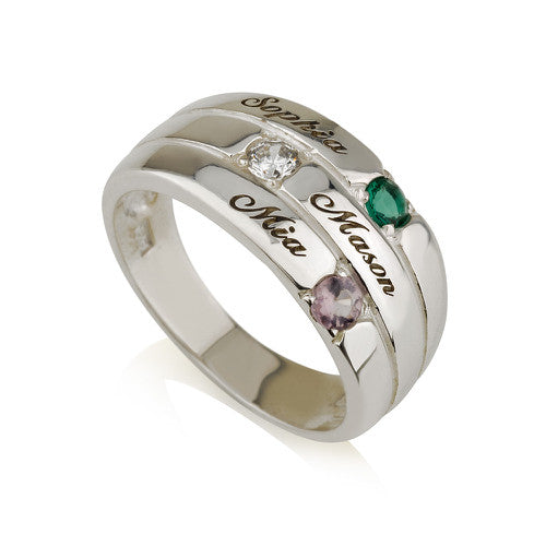 Personalised Three Names and Birthstones Stacker Ring