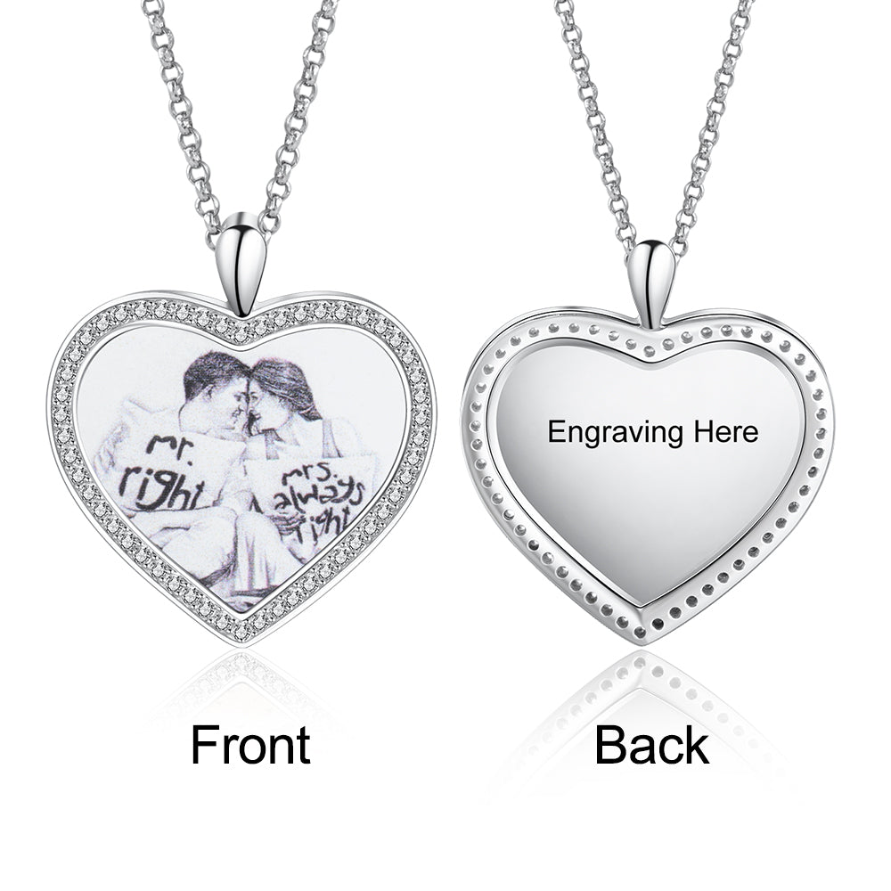 Rhodium Plated Personalised B&W Photo Heart Necklace