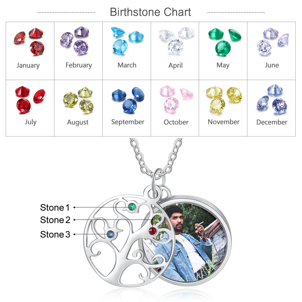 Stainless Steel Personalised Photo Family Tree 3 Stone Necklace