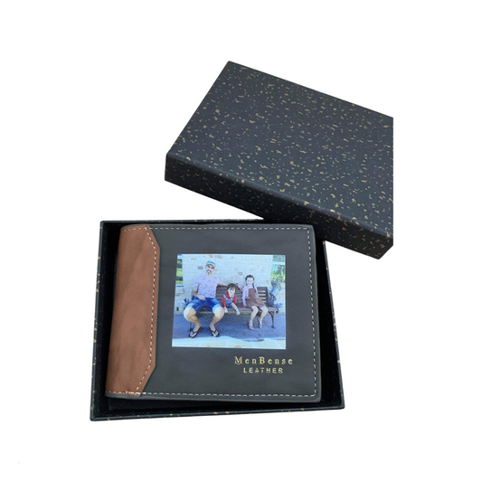 Men's Personalised Photo Engraved Dark Grey Leather Wallet