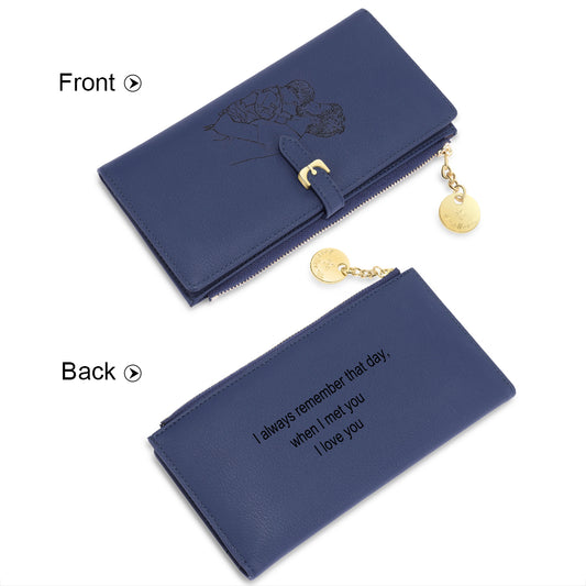 Women's Personalised Photo Engraved Navy Blue Leather Wallet/ Purse