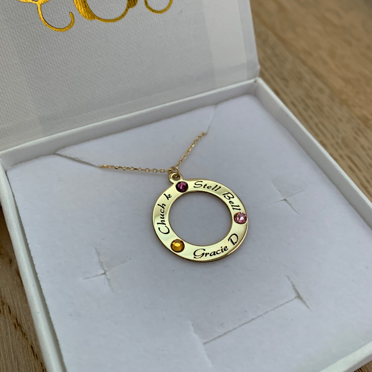 Name & Birthstone Circle Personalised Necklace- 3 Names